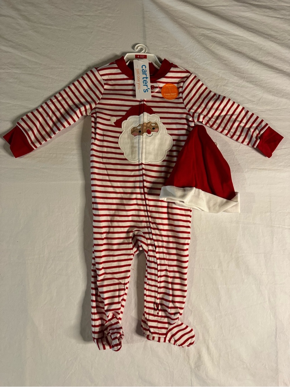 Carter's Red & White Striped Santa Footed One-Piece with Hat